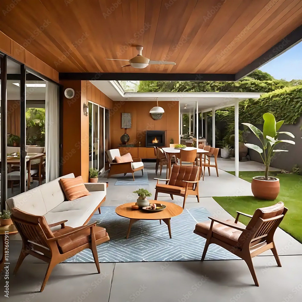 Illustration Stock Mid Century Modern Patio Design With Wooden ...