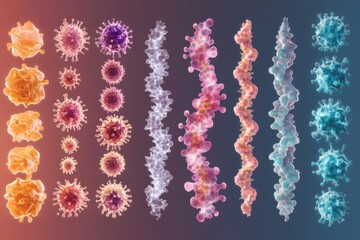 Leinwandbilder - Virus forms showcasing progression from simple structures to complex configurations in various colors and shapes. Generative AI