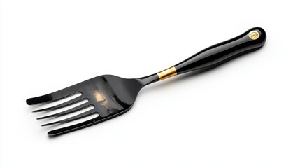 Elegant black and gold fork with five prongs on white background