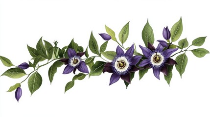 Wall Mural - Vibrant purple passionflower illustration with lush green leaves