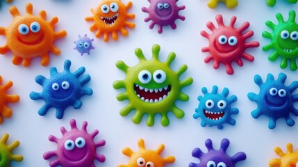 Aufkleber - Bright and cheerful microbes with eyes and smiles create a fun and lively atmosphere in a colorful setting. Generative AI