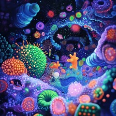 Leinwandbilder - Vibrant microscopic landscape showcasing glowing viruses and cellular structures in a surreal underworld. Generative AI
