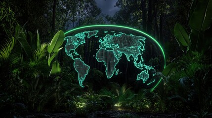 Poster - A glowing digital world map surrounded by lush greenery, set in a dark, forested environment, representing technology and nature.