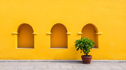 Wall Mural - Yellow wall with arched niches and potted plant.