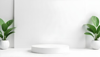 Poster - A minimalistic background with a podium and a white backdrop for product presentation. 3D rendering illustration