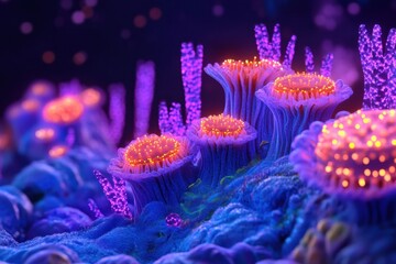 Aufkleber - Vibrant microscopic landscape featuring glowing viruses amid colorful structures. Generative AI