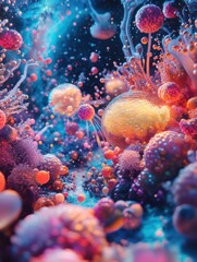 Poster - vibrant microscopic landscape showcasing glowing viruses in a colorful, dynamic environment. generat