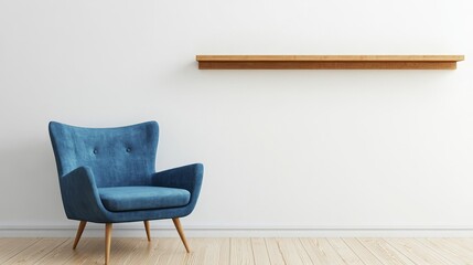 Wall Mural - Minimalist living room with blue armchair and wooden wall shelf