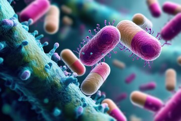 Poster - Pills encircling bacteria representing advancements in medical science and pharmaceutical technology. Generative AI