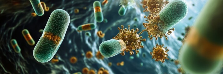 Poster - Bacteria under attack by pills showcasing advancements in medical science and treatment effectiveness. Generative AI