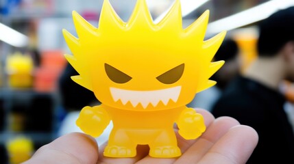 Wall Mural - Close-up of a yellow, spiky, stylized monster figurine held in a hand.