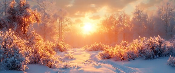 Wall Mural - Snowy path through winter forest at sunset.