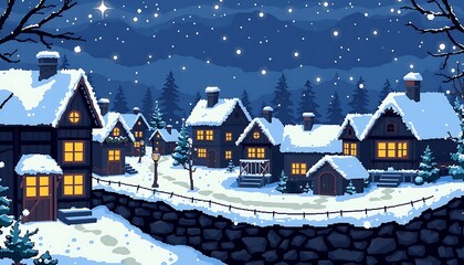 Snowy Winter Village Night Scene Cozy Cottages Illuminated Landscape