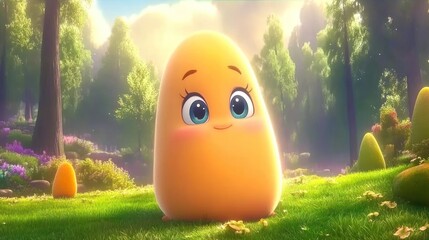 Wall Mural - Cute, cartoonish, orange potato character sits in a vibrant, lush, forest clearing.