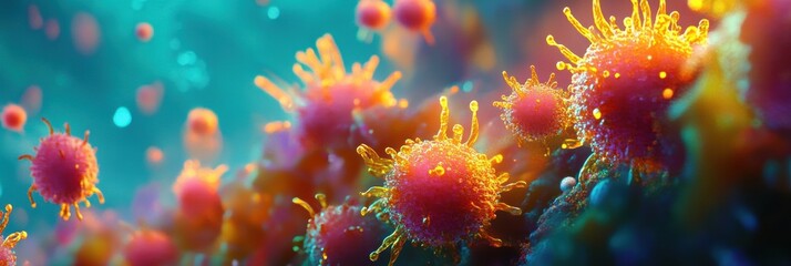 Poster - vibrant microscopic landscape showcases glowing viruses in colorful display of natures intricate des
