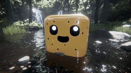 Wall Mural - Cute yellow cubic character floating in a forest stream.