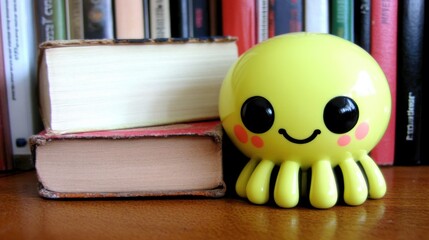 Wall Mural - Cute yellow octopus figurine beside books on wooden surface.