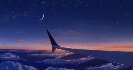Wall Mural - Airplane wing at sunset beneath starry sky and crescent moon