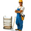 © pichitpon - An industrious janitor stands in full body view, dressed in a utility uniform with a cleaning cart. He holds a mop, showcasing his dedication to maintaining cleanliness. The white background