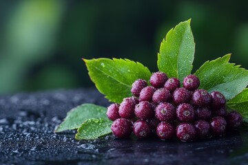 Wall Mural - A Detailed Close-up of Fresh Red Berries with Dew on Vibrant Green Leaves Resting on a Dark Surface, Depicting Nature's Abundance and Freshness