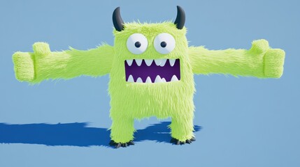 Wall Mural - Friendly, fluffy, lime green monster with horns, wide open mouth, and outstretched arms,  against a light blue background.