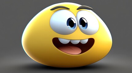 Wall Mural - Funny, cartoonish, yellow, round character, expressive smile, large eyes, 3D render.