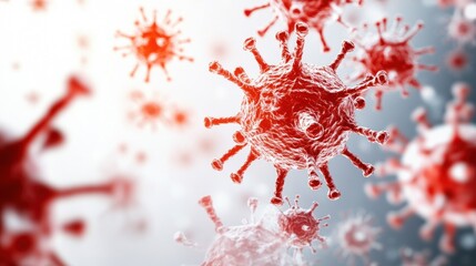 Poster - A vivid close-up of virus particles, showcasing intricate structures with red tones against a blurred background, highlighting the microscopic world of pathogens.