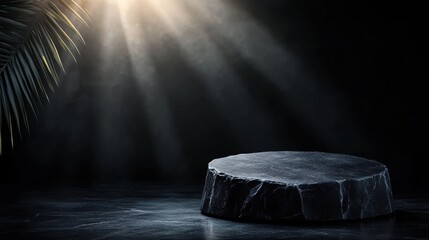 Poster - A dark scene featuring a circular stone platform illuminated by beams of light, creating a dramatic and moody atmosphere.