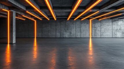 Wall Mural - The backdrop of an empty, dark hall highlights a futuristic concrete interior with orange lighting, showcasing a modern minimalist hallway with gray walls, symbolizing studio, stage, future, and