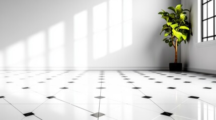 Poster - A bright, spacious interior featuring glossy white tiles, black accents, and a potted plant by a window, creating a modern, minimalist aesthetic.