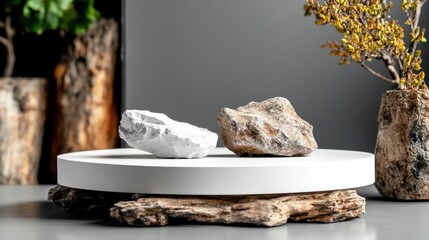 Poster - White plate displaying two rocks arranged in a simple and minimalist presentation on a plain background