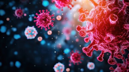 Poster - A vivid depiction of viruses, showcasing their intricate structures in vibrant colors against a dark backdrop, emphasizing the microscopic world of pathogens.