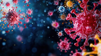 Poster - a vibrant depiction of viruses in a microscopic view, showcasing details of their structure against 