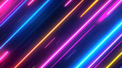 Wall Mural - In a dark space, abstract neon digital lines glow with multicolored energy, moving dynamically on a black background. The scene depicts cyberspace with fast light trails, representing the concepts of