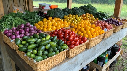 Wall Mural - Colorful fresh vegetables displayed on farm stand in wicker baskets