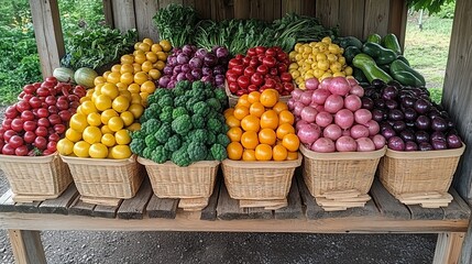 Wall Mural - Vibrant array of fresh fruits and vegetables displayed in baskets at farmer's market