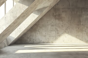 Canvas Print - An abstract modern space with concrete walls, grey slopes, and a combination of daylight and LED lighting, showcasing an empty minimalist hall. The concept emphasizes white stone architecture,