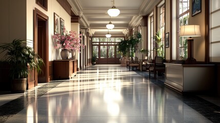 Poster - Long hallway adorned with various colorful flowers along the walls and floor creating a vibrant atmosphere