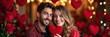 © Yho Stock - Smiling couple in romantic Valentine setting surrounded by red roses and hearts