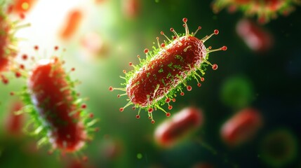 Poster - A vibrant illustration of bacteria, showcasing their distinct shapes and surfaces, highlighted against a blurred green background.