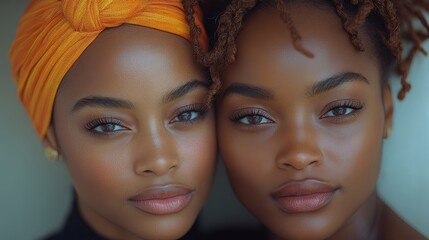 Wall Mural - A captivating close-up portrait of two individuals showcasing natural beauty and serene expressions, with vibrant lighting and color tones creating a visually striking image.