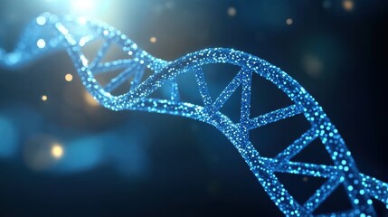 Poster - A close-up view of a glowing DNA double helix, highlighting its intricate structure and vibrant blue color in a scientific context.