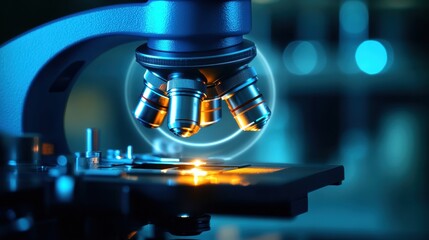 Poster - A close-up of a microscope with illuminated slides, showcasing its intricate lenses and modern design against a blurred background.