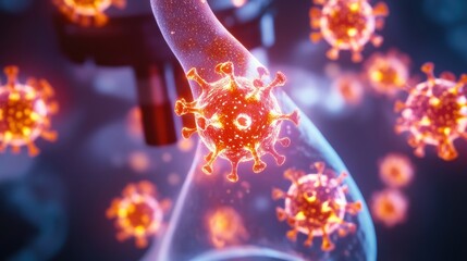 Poster - a close-up view of a virus, showcasing its structure and spikes, with a laboratory setting in the ba