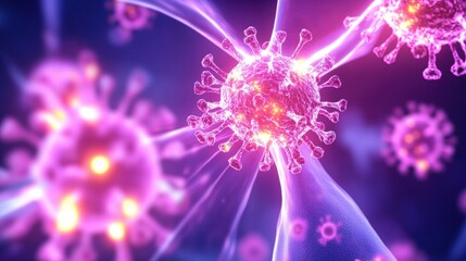 Poster - Vibrant, microscopic view of viruses interacting, showcasing intricate details and colorful structures in a digital representation.