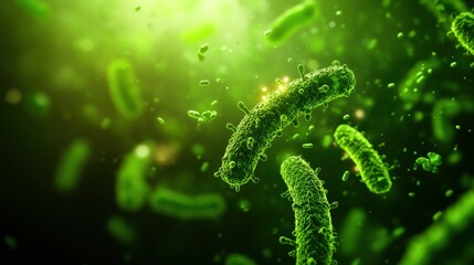 Poster - close-up image of green bacteria under a microscope highlighting cellular structure and details