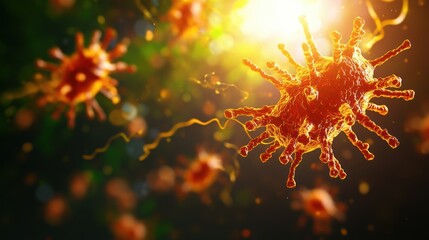 Poster - A close-up view of vibrant, microscopic viruses illuminated by light, showcasing their intricate structure and dynamic movement in a colorful environment.