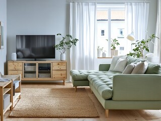 Wall Mural - Scandinavian living room with green sofa and wooden furniture in natural light