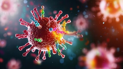 Poster - a vibrant, detailed illustration of a virus, showcasing its structure with colorful proteins and a d
