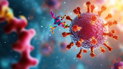 Poster - A vibrant, microscopic view of a virus, showcasing its complex structures and interactions with surrounding molecules.